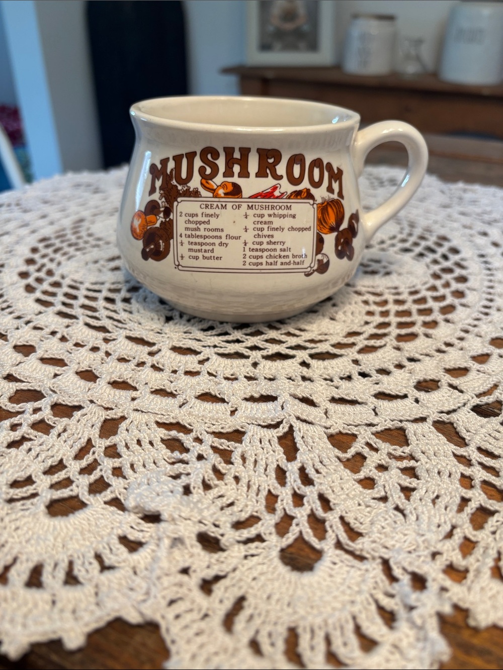1970’s Mushroom Cream Recipe Ceramic Soup Mug - White with Brown Graphics